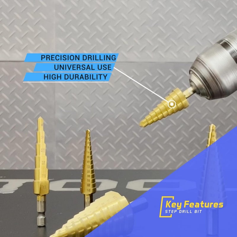 Cortool Titanium Step Drill Bit Set - 3PCS High Speed Steel Unibit, 1/4" Shank, Total 28 Sizes 3/16" - 1/2" - Image 5